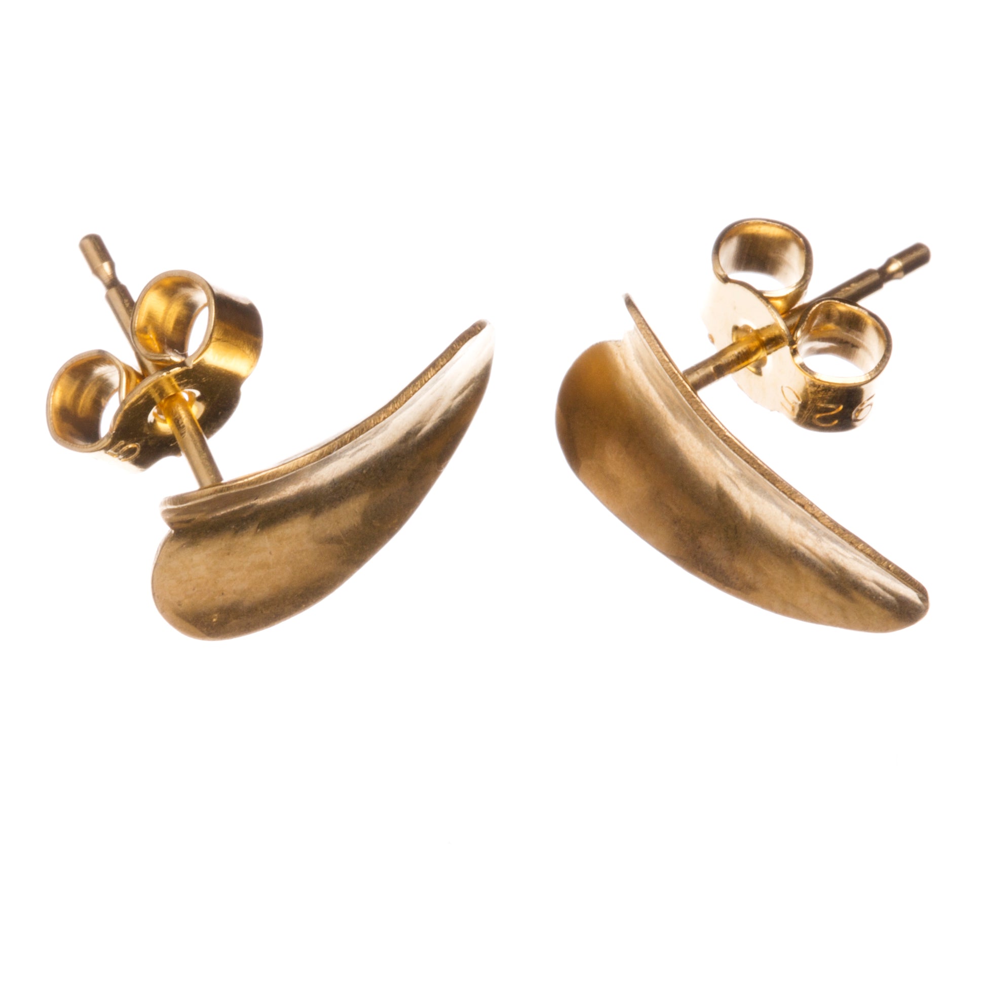 A pair of simple silver heart stud earrings, gold plated, showing the satin-matte finish and the three-dimensional curves.