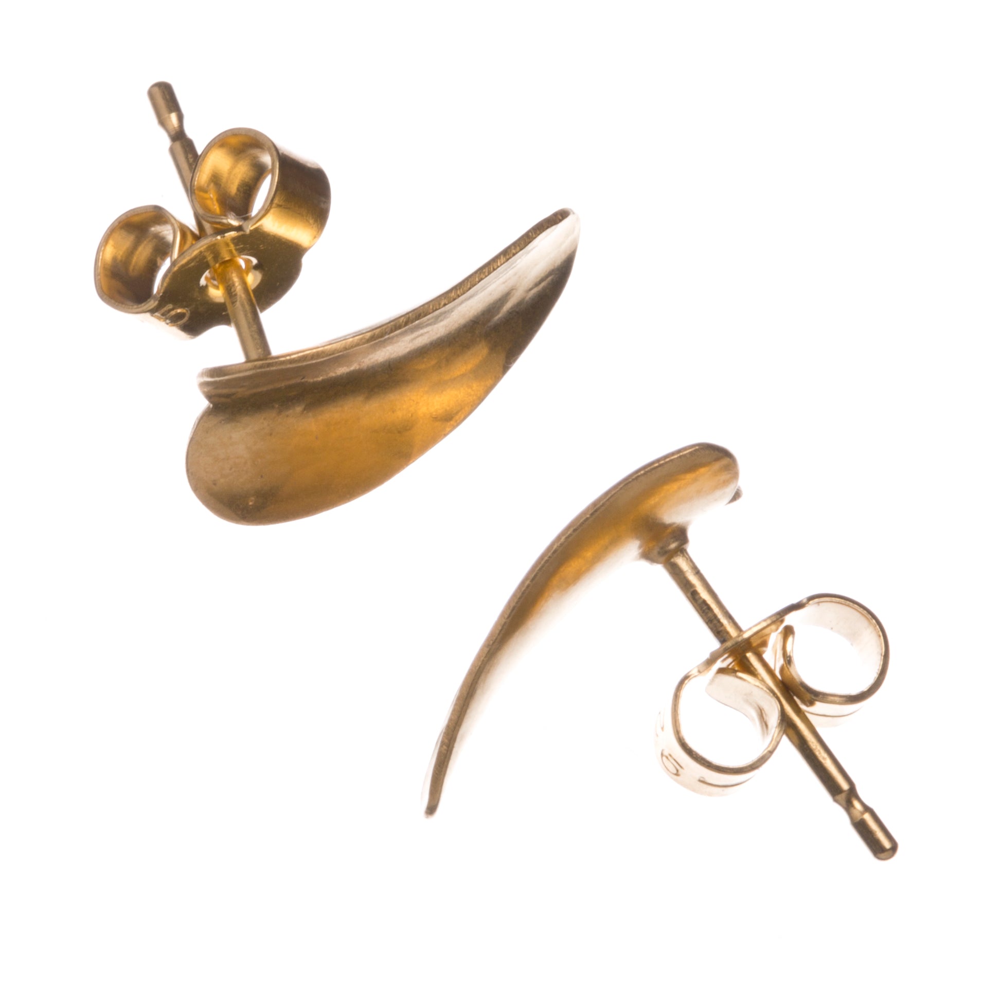 A pair of simple silver heart stud earrings, gold plated, showing the satin-matte finish and the three-dimensional curves.