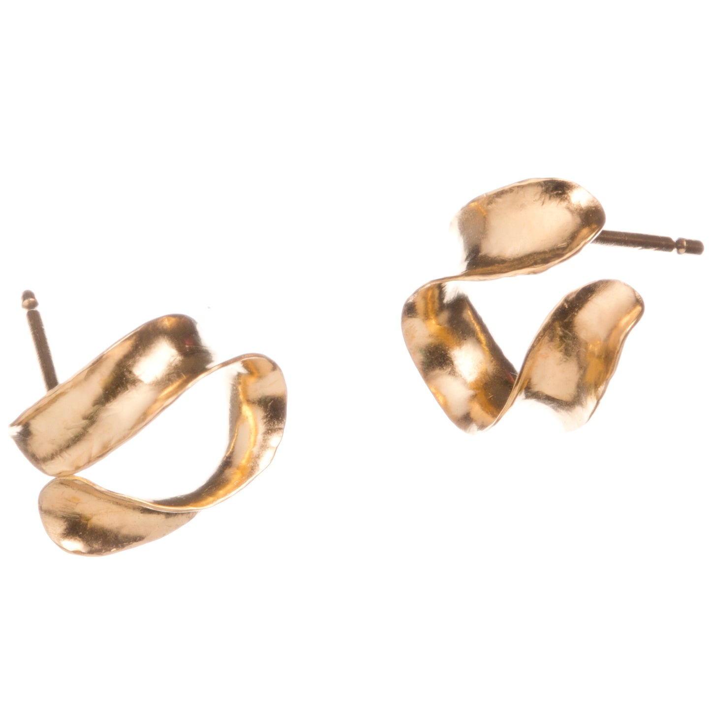 A pair of lightweight silver horseshoe earrings, gold plated, which curl gently below the earlobe. The different views show the three-dimensional curve. They fasten with a silver butterfly.