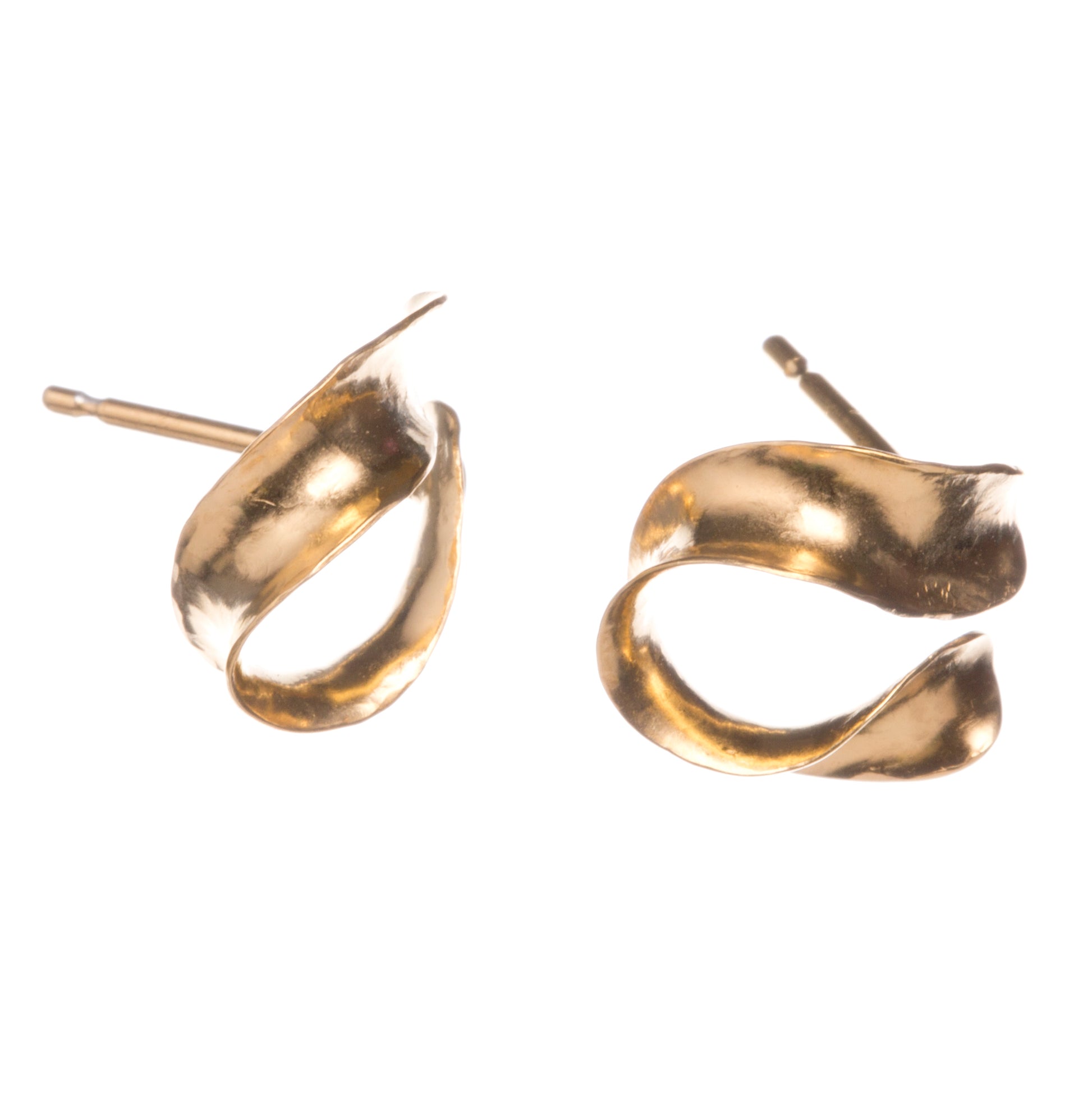 A pair of lightweight silver horseshoe earrings, gold plated, which curl gently below the earlobe. The different views show the three-dimensional curve. They fasten with a silver butterfly.