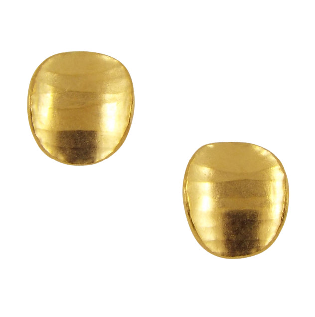 A pair of oval studs, variations of the square silver earrings, gold plated, with a subtle curve, a hammered texture and burnished edges.