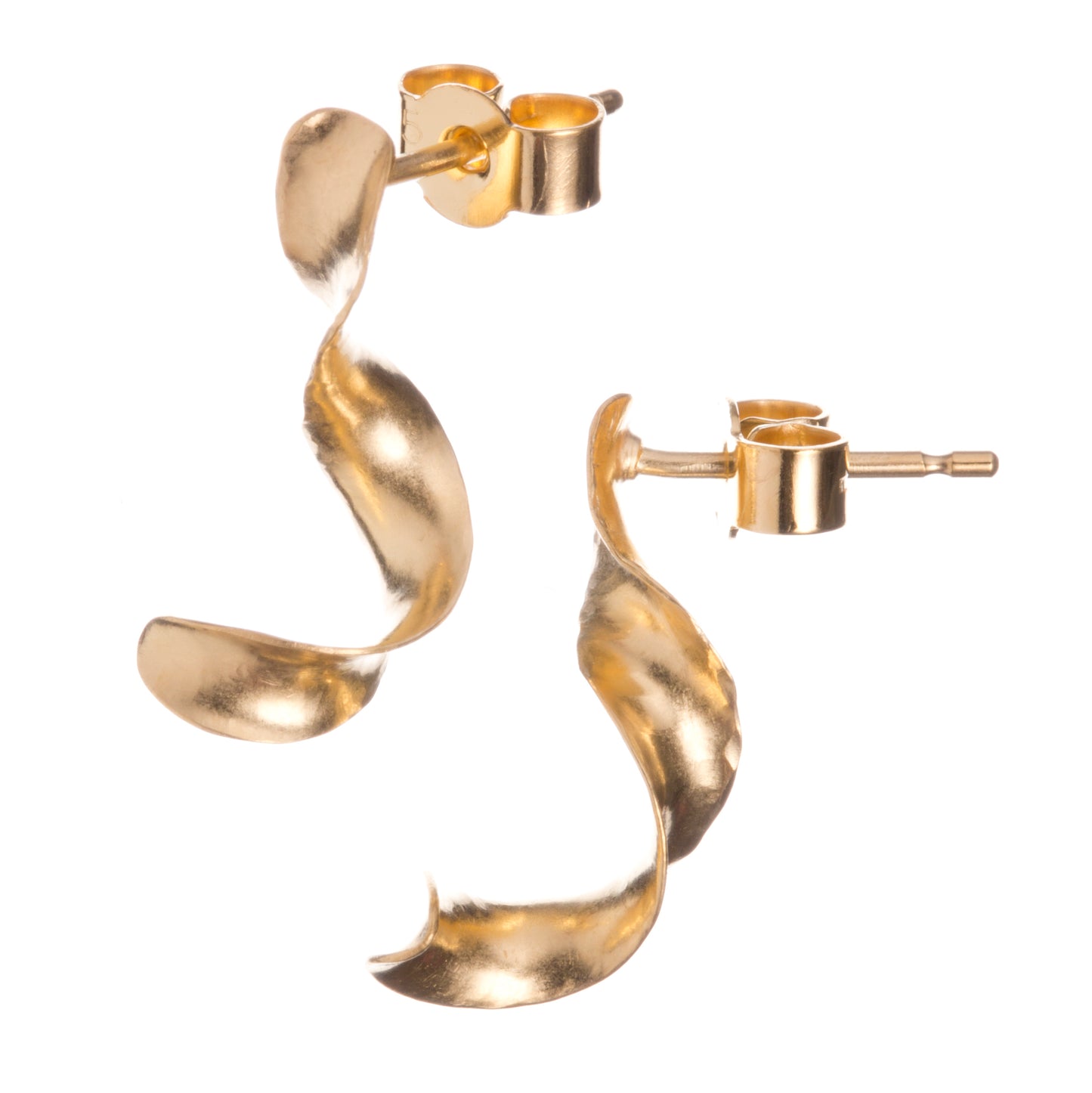 A pair of twisted earrings in sterling silver thickly plated with yellow gold. They measure about 1.8cm in length. The curly earrings are made by anticlastic raising, which creates simultaneous curves in opposing planes.