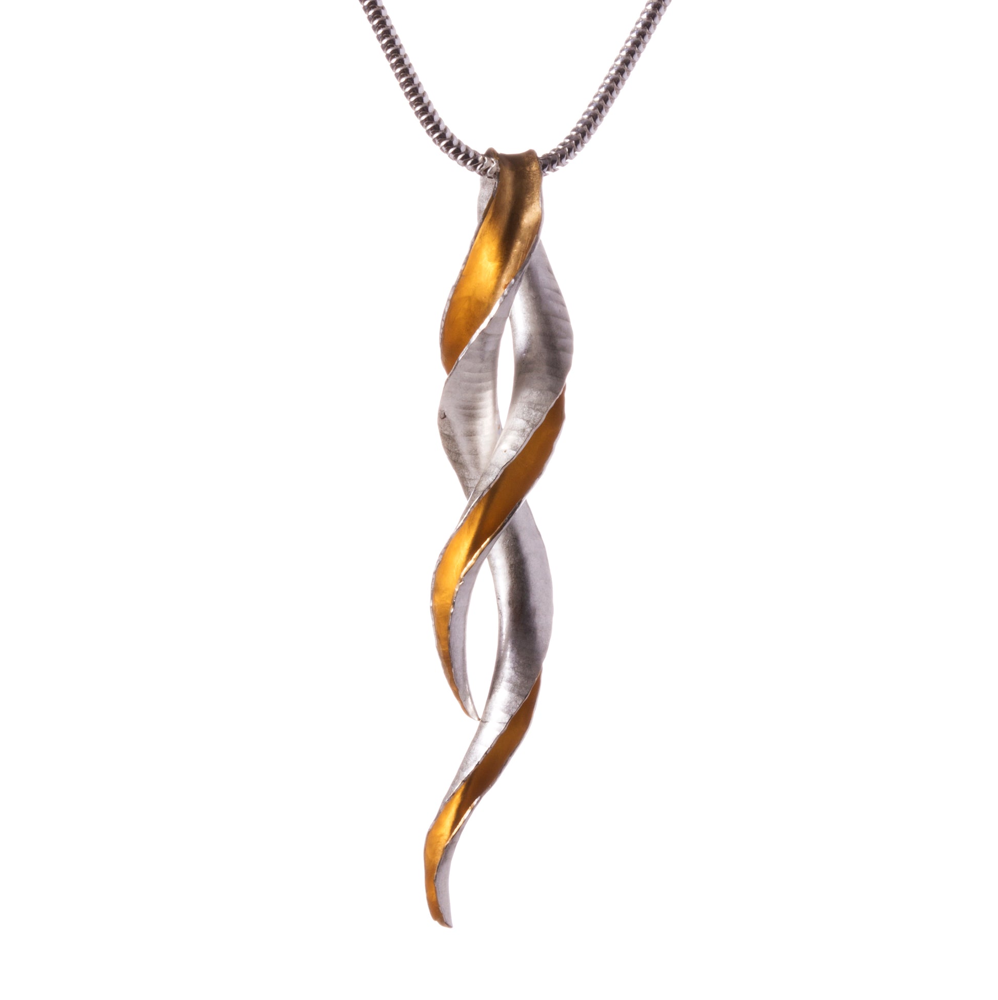 A silver pendant in the form of an open-sided tube, gold plated on the inside, with the two ends twisted around one another, leaving a loop for the snake chain to pass through.