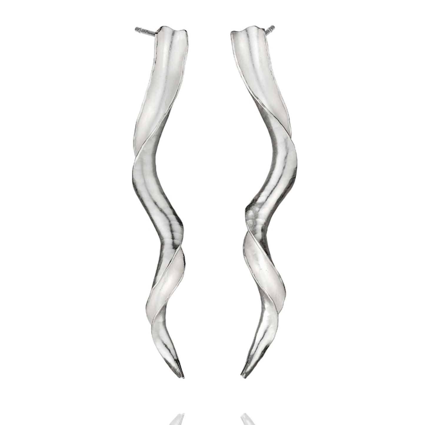 A pair of mirror image silver spiral stud earrings, each in the form of a tapered spiralling tube with one side open to show the inner surface. They have a satin matte finish and hammered texture.