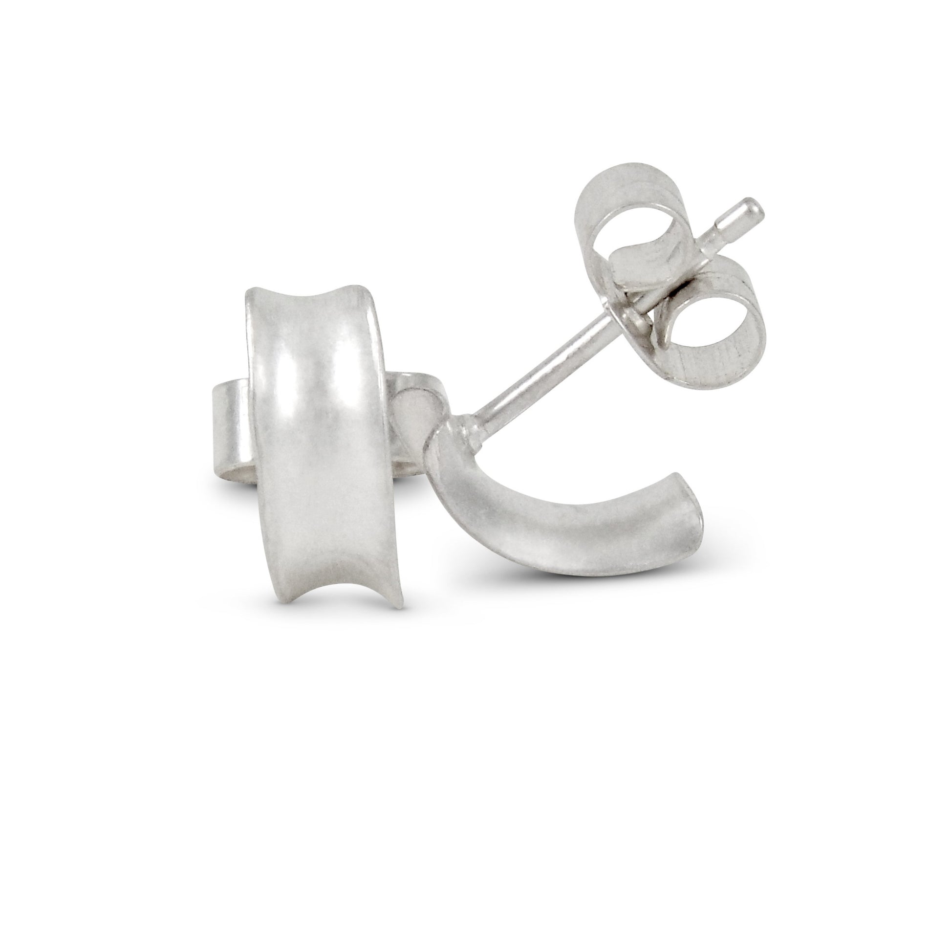 Demilune studs style 1, plain silver, showing  one stud from the front and one from the side with pin and butterfly